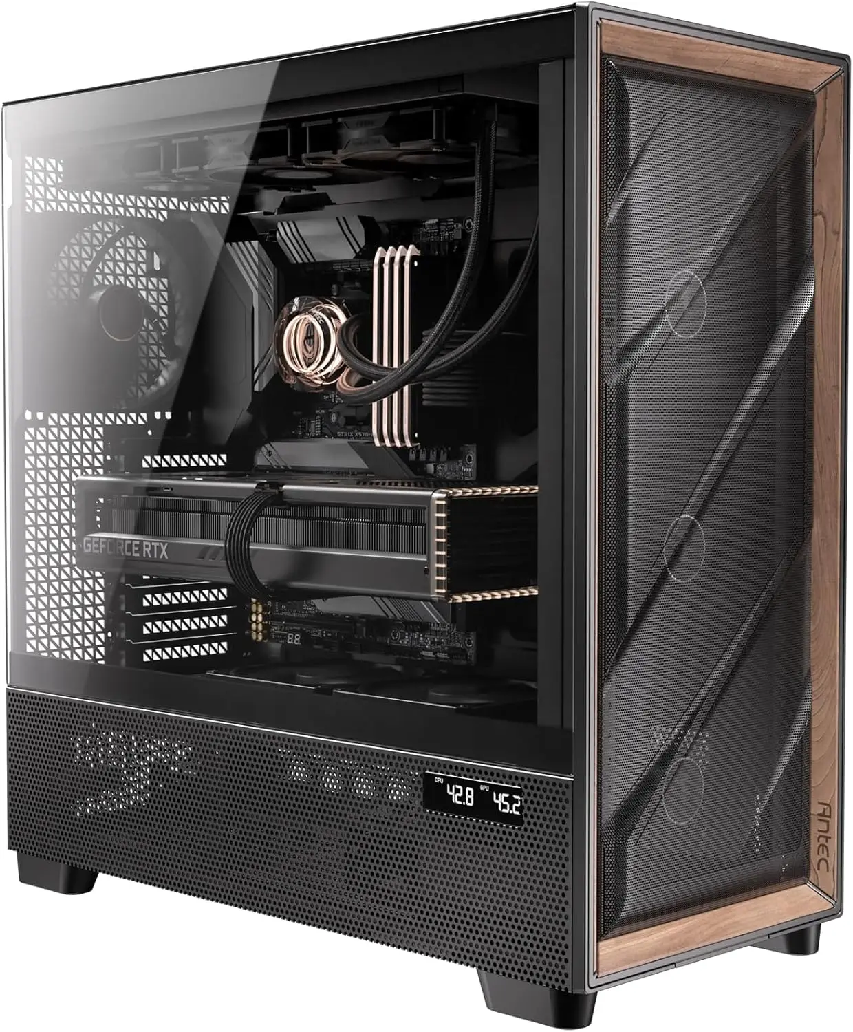 

Full-Tower E-ATX PC Case with 6 PWM Fans, High-Airflow Front Panel, Wood Accent, 420mm Radiator Support, Temp Display & USB-C