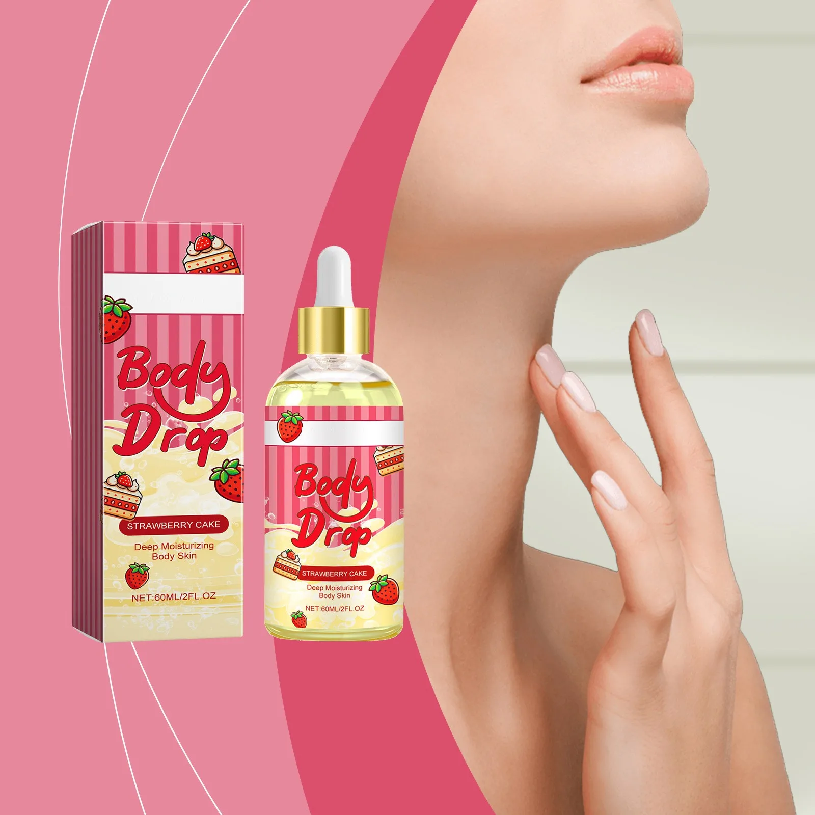 Strawberry Body Oil,Strawberry Cake Body Juice Oil ,Nourishing & Moisturizing Skin Facial Body Massage Oil 60ml