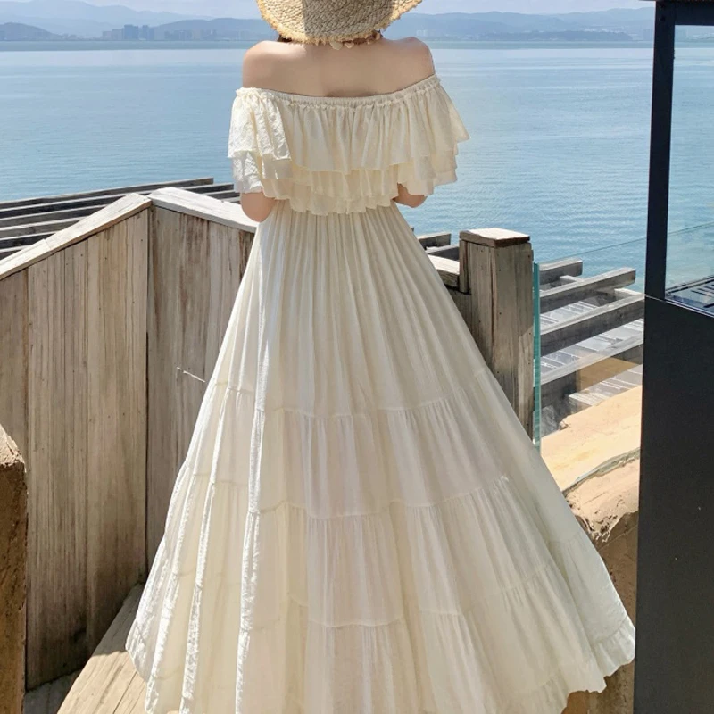 섹시한 러플 슬래시 넥 보헤미안 롱 드레스 여성 여름 우아한 오프숄더 하이웨이스트 휴가 비치 드레스 2025 신상