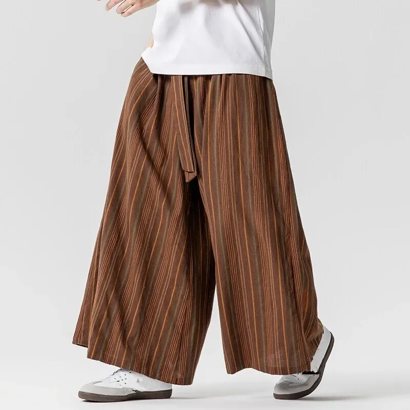 Summer Striped Wide Leg Pants Men Lightweight Drawstring Loose Casual Pants Man Hip Hop Streetwear Straight Full Length Trousers