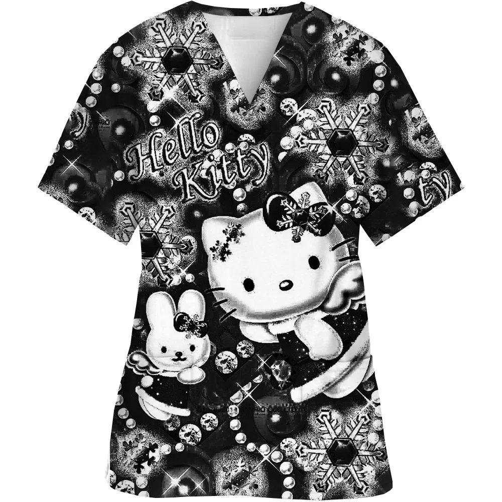 Kawaii Nurse Uniform Scrubs Tops Womens Cartoon Hello Kitty Print Short Sleeve Pocket Overalls Uniforms Medical Nursing Blouse