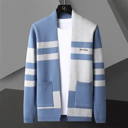 Cor contrastante Patchwork tricô cardigan masculino, camisola de manga comprida, vestuário masculino de rua, casaco, casaco, carta bordado