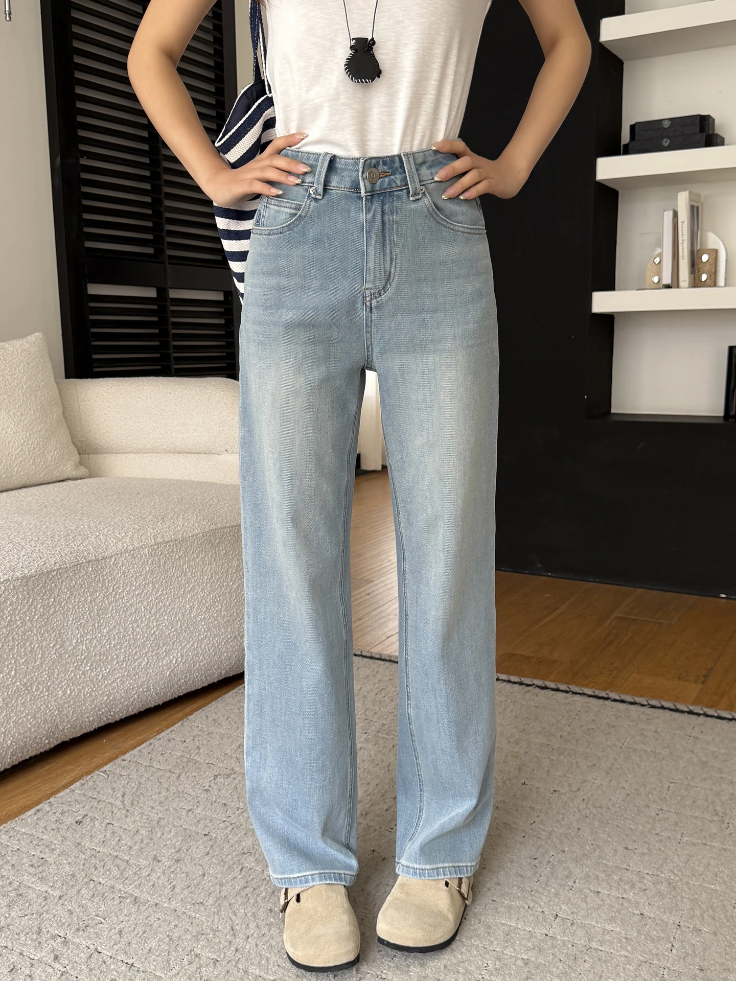 

Spring 2026 Women's Slim Fit High Waist Straight Leg Jeans Elastic Loose Wide Leg Long Pants Breathable Comfortable Cotton Denim