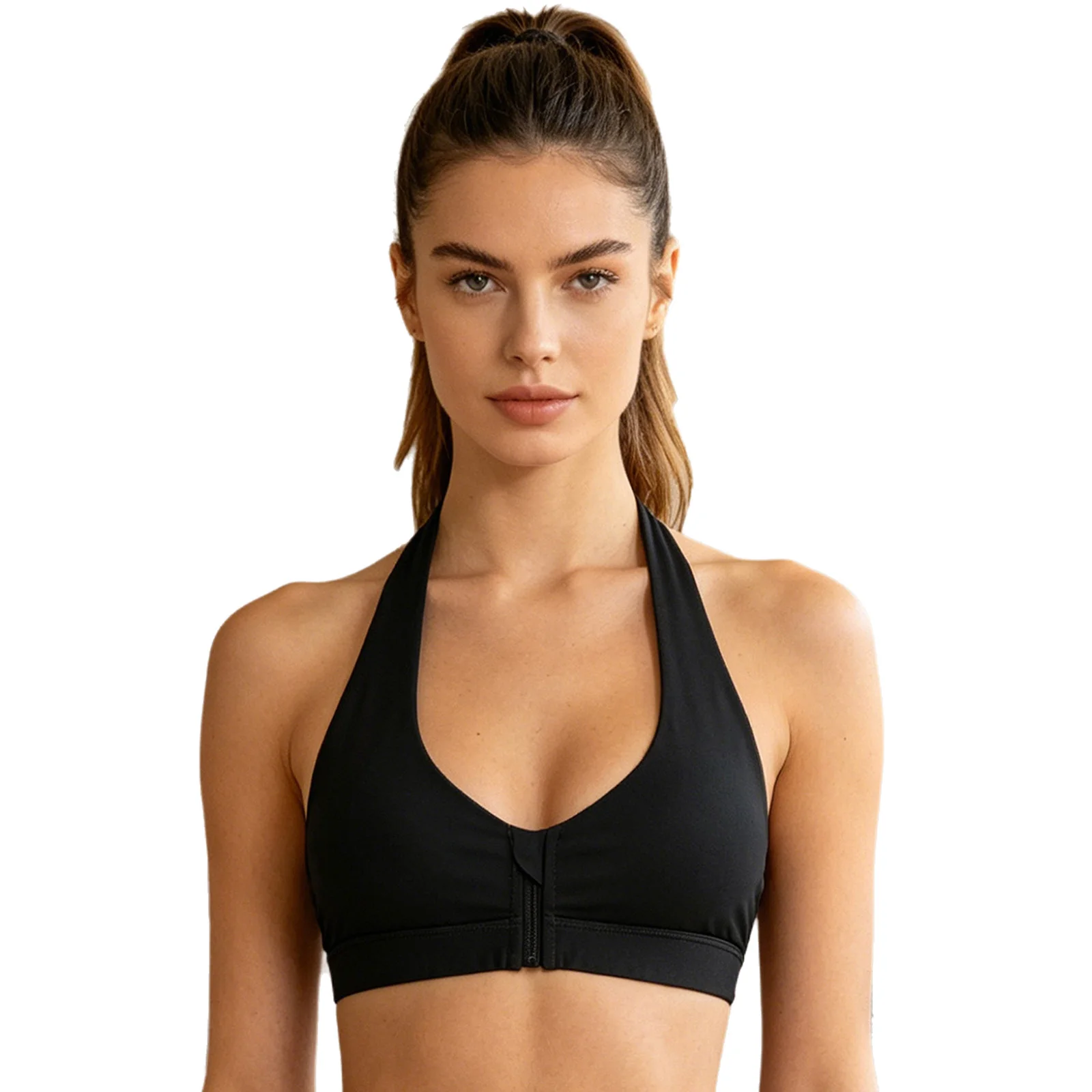 

Women Sports Yoga Exercise Vest Halter Padded Sports Bra Deep V Neck Backless Vest Zipper Front Crop Top for Workout Gym Fitness