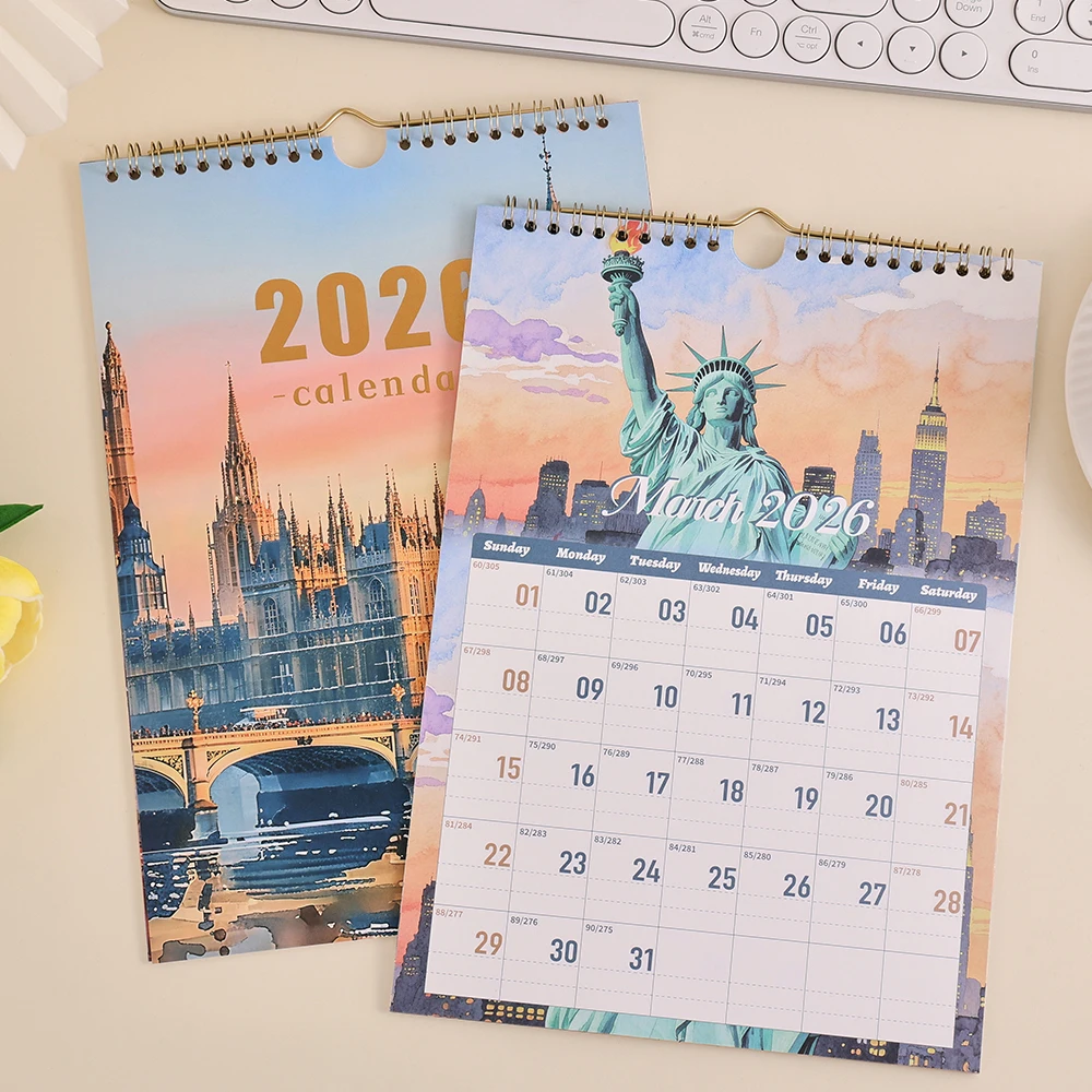 

12 листов на 2026 формата А4, настенный календарь с бронзовой обложкой, дизайн здания, ежедневный еженедельный ежемесячный планировщик для домашнего офиса, школы (Jan-Dec 2026)