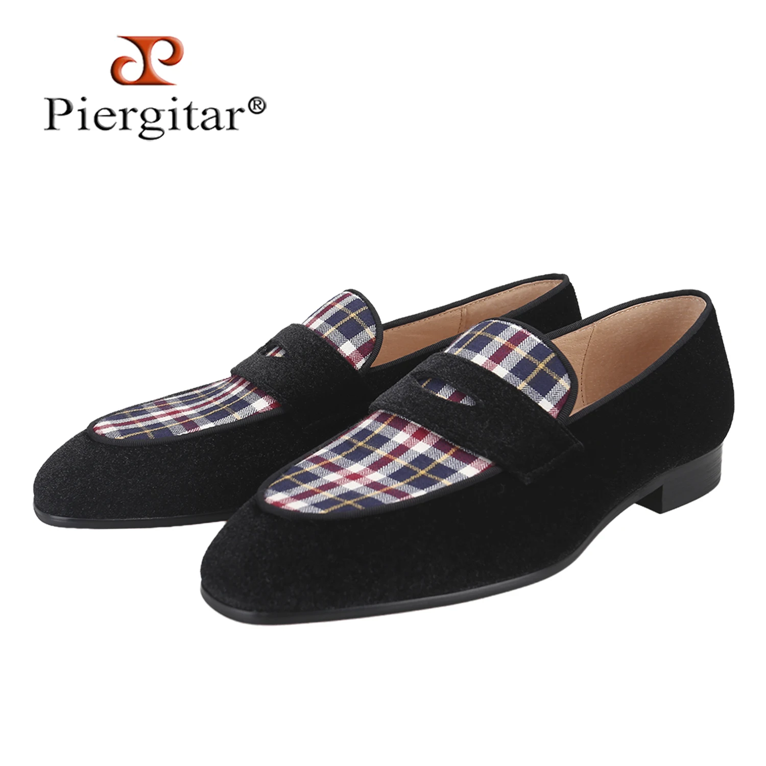Piergitar British Classic Style Checkered Fabric Patchwork Velvet Men Penny Loafers Gentlemanly And Dapper Slip-On Smoking Shoes