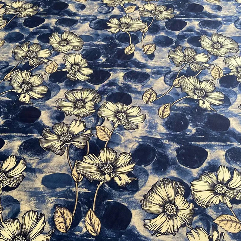 114CM Wide 16MM  Printed Yellow and Dark Blue Silk Crepe de Chine Fabric for DIY Sewing Summer Soft Dress Pants Pajamas C001-46