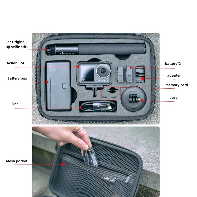 Portable Case PU Waterproof Bag Charger Battery Base Selfie Stick Storage Handbag for DJI Osmo Action 4 /3 Camera Accessories