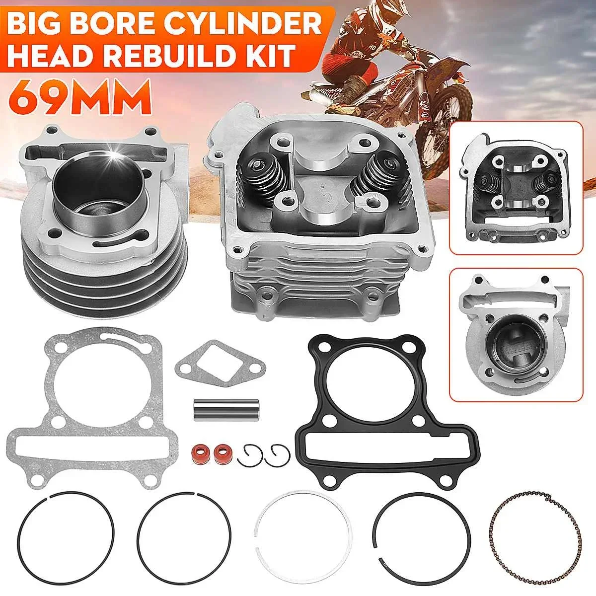 

100CC 69MM Big Bore Cylinder Head Kit Rebuild & Valve Kit For 50cc 60cc Scooter 4-stroke Engines