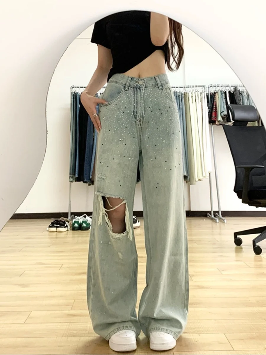 

Джинсы женские с высокой талией, в горошек, со стразами, с прорезями, летние 2024, новые, широкие прямые брюки в пол