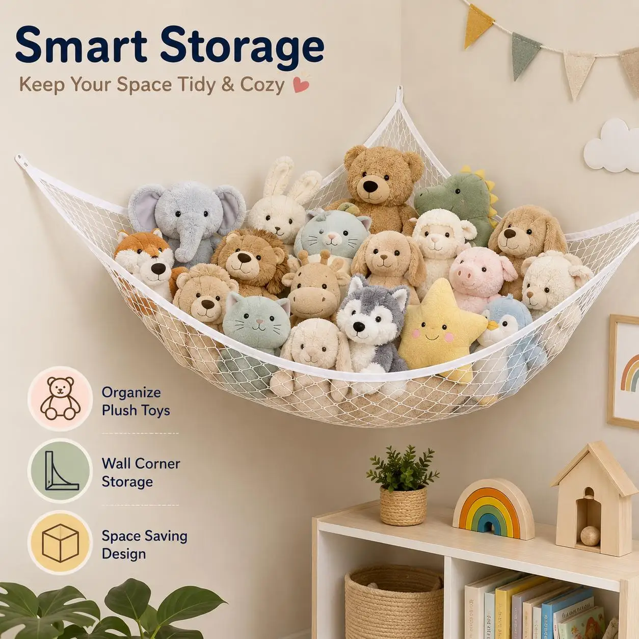 Mesh Toy Storage Hammock Hanging Stuffed Animal Organizer Net Large Space-Saving Wall Corner Holder Hollow-Out Room Decor for Kids Bedroom Nursery Playroom Easy Install Plush Toys Display view 3