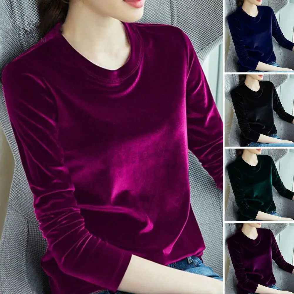 Spring Autumn Women Blouse Solid Color Loose O-Neck Long Sleeve Pullover Top Velvet Bright T-shirt Bottoming Shirt Streetwear