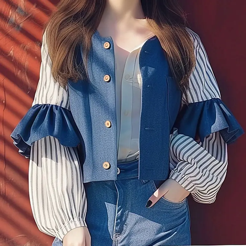 

Корейская мода, синяя рубашка, пальто, женское пальто Y2k, милые лоскутные куртки с оборками и длинными рукавами, 2021, ранняя осень, новые топы Mujer