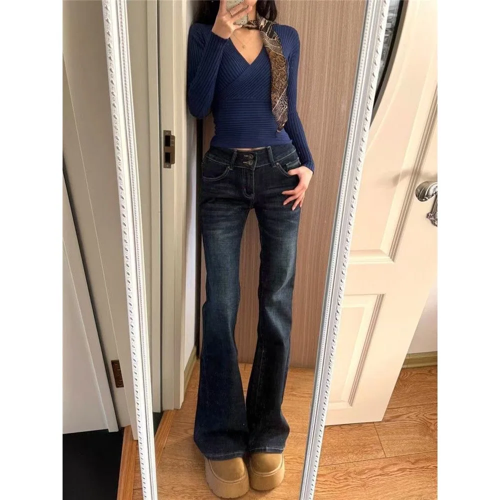 

Retro Y2K High Waist Slim Fit Casual Jeans Women's Low Rise Denim Pants Flared Long Bootcut Trousers for Autumn