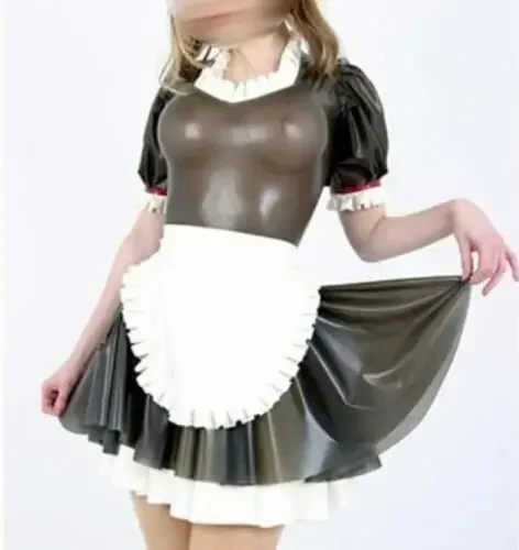 RubberLatex Rubber Smoke Grey Cute Dress Decorated with White Lace Apron 0.4mm Zipper S-XXL