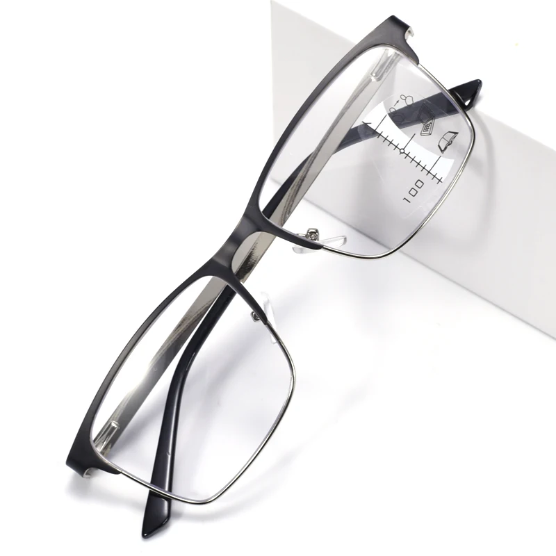 Schwarzer Rahmen, quadratisch, übergroß, aus Legierung, Multifokus-Lesebrille für Herren, progressive Anti-Blue-Ray-Vollrahmen-Presbyopie-Brille +175