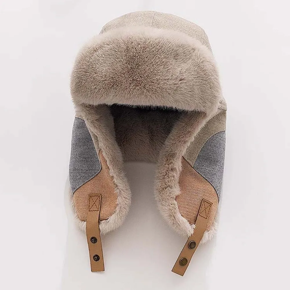 Color Block Winter Trapper Hat Thick Thermal Fleece Lined Windproof Winter Hat Cold Proof Plush Fur Patchwork Ski Cap