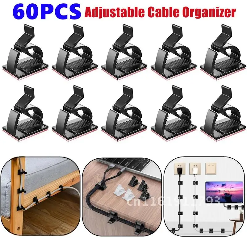 Ajustável Clipes de Gerenciamento de Cabos, Adesivo, Organizador de Cabos, Fio Fixo, Suporte do Cabo para TV, PC, Cabo Ethernet, 60 Pcs, 30 Pcs, 10Pcs