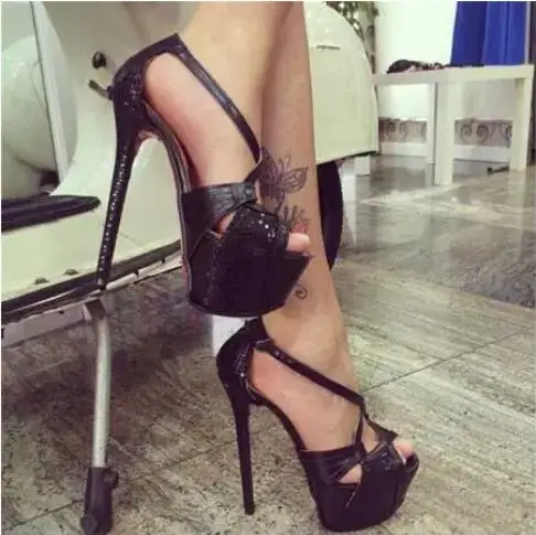 

Sexy Women Black Leather Peep Toe Platform Cross Strap Super Thin Heels Summer Sandals Female Cover Heel Party Dress Shoes Lady