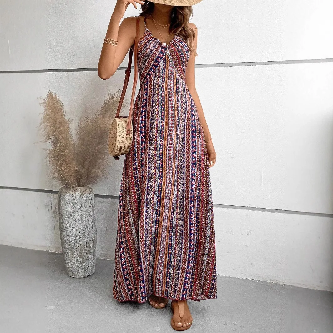 Abito stampato da donna in stile Boho alla moda Abito da canotta sexy con apertura sul retro 2025 Estate Nuovi abiti da spiaggia per le vacanze dimagranti Abiti da donna