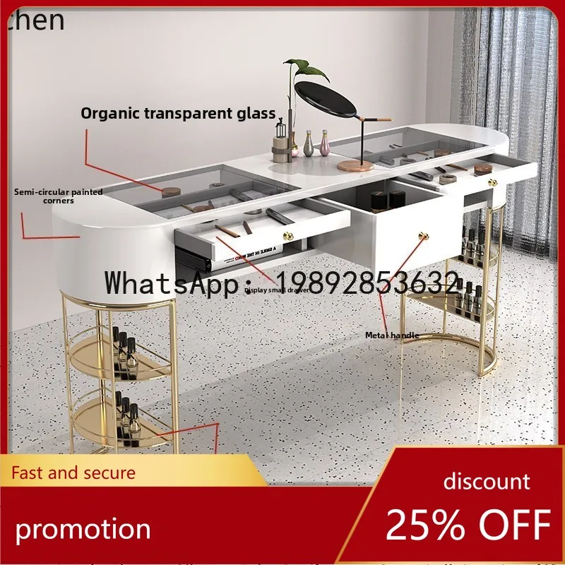 

YFY Style Nail Table Economical Glass Single Double Nail Desk gold Special Price Nail Salon Set