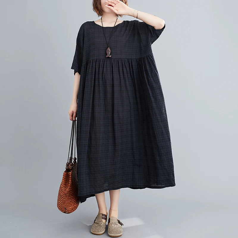 فستان نسائي كاجوال مقاس كبير صيفي بتصميم جديد بلون واحد يخفي البطن وينحف الجسم فضفاض متوسط الطول بأكمام قصيرة