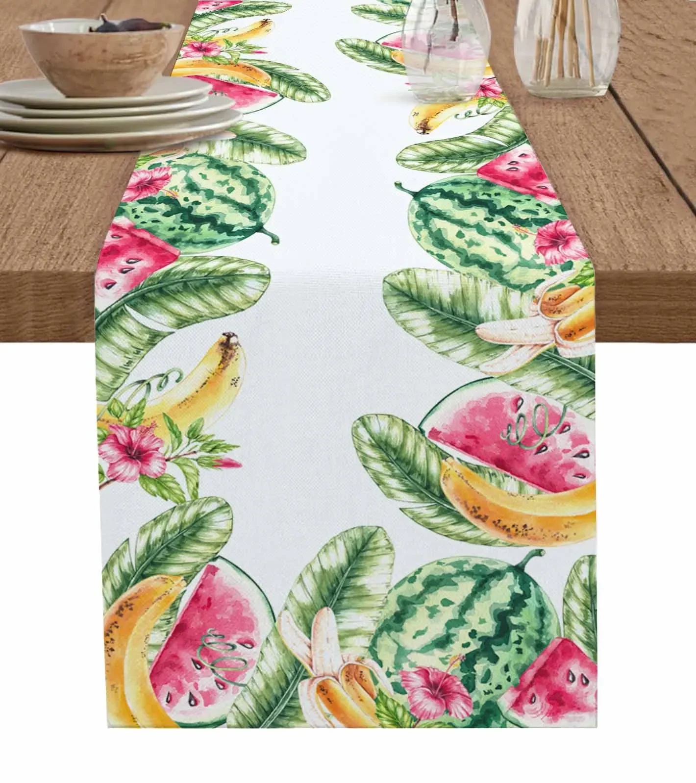 Summer Watermelon Banana Leaf Flower Linen Table Runners Kitchen Table Decoration Dining Table Runner Wedding Party Supplies