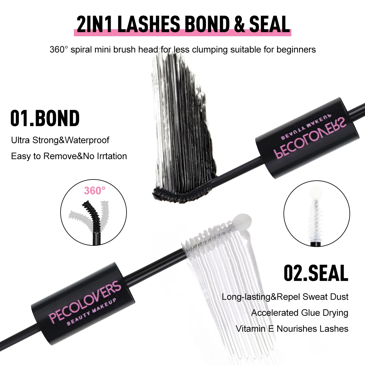 1PC Waterproof Black Mascara Super Strong Hold Lash Bond and Seal, 2-in-1 Lash Glue for DIY Cluster Lashes & Eyelash Extensions