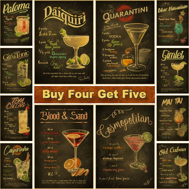 

Cocktail Vintage Poster and Prints, Painting, Kraft Paper, Retro Posters, Living Room Decoration, Bar, Pub, Cafe, Wall Art Decor