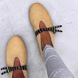 Concise Espadrille Shoes For Women Buckle Strap Round Toe Flat Shallow Female Shoes Designer New Brand Leisure Weave Ballet Shoe