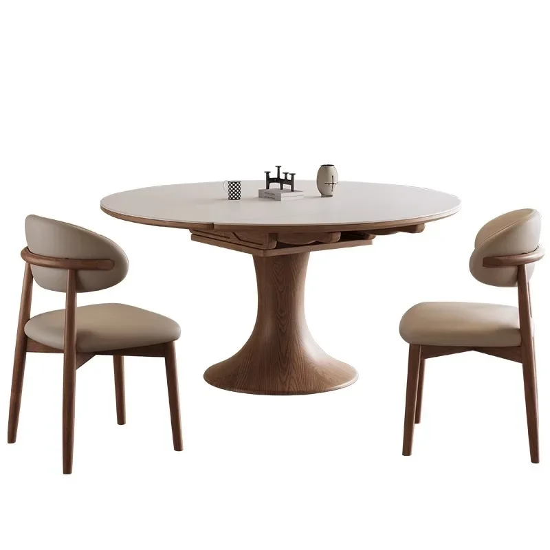 

Modern simple solid wood round telescopic folding dining table and chairs light luxury one table and four chairs rock slab