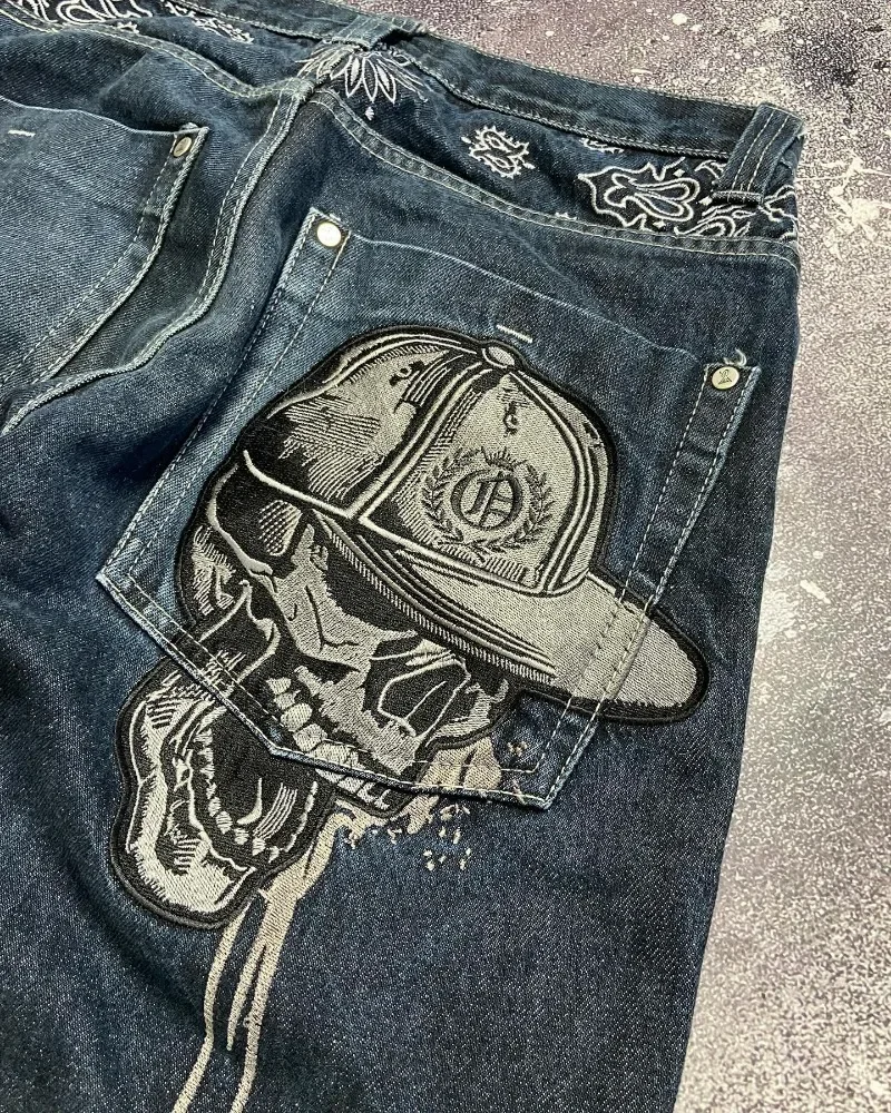 Y2K Jeans New Skull Embroidery Casual Baggy Jeans Men Women Streetwear Harajuku Vintage Gothic High Waist Wide Leg Pant Trouser