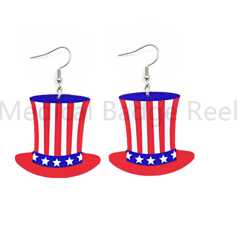 Newset Cute Glitter Acrylic USA Flag Boots Hat Star Waterdrop Earrings Red White and Blue Striped Independence Day Earrings