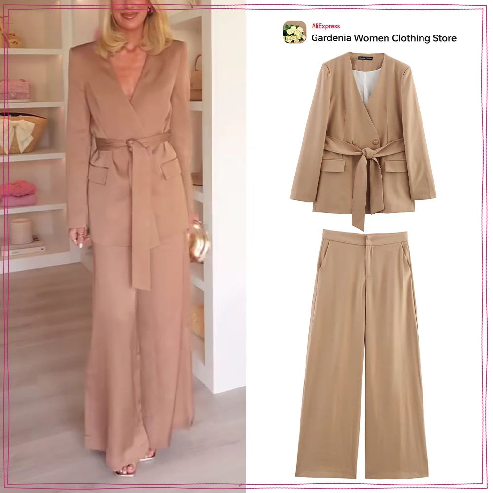 

Stylish Two Pieces Pants Suit for Women Casual V-neck Long Sleeve Belted Blazer with Shoulder Pads Matching Comfy Wide Leg Pants