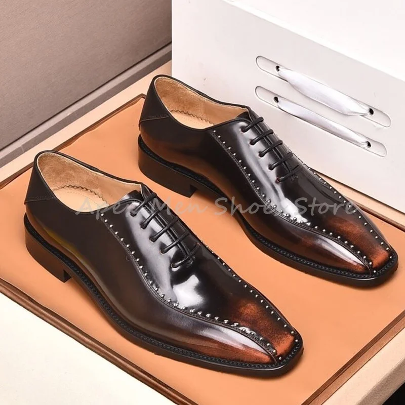 

Genuine Leather Studded Dress Shoes Men's Black Brown Gradient Square Toe Oxford Shoes Formal Lace Up Comfortable Business Shoe