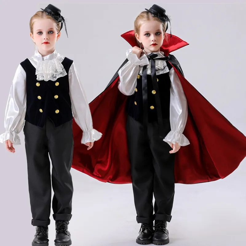 أزياء الحفلات التنكرية للأطفال - أزياء الهالوين على الوجهين لمصاصي الدماء الأمير - أحمر-أسود لطيف مخيف للأطفال لمرحلة الأداء