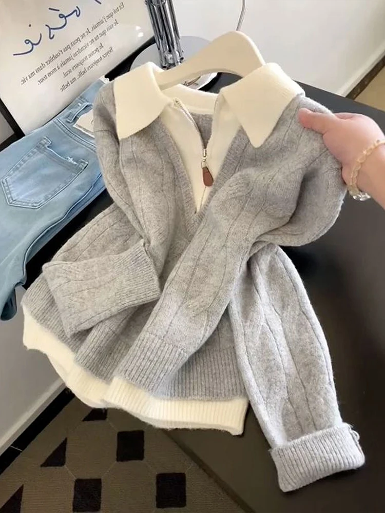 

Gentle Wind Half Zipper Fake Two Piece Sweater Soft Sticky Beautiful and Versatile 2025 Winter Knitted Top for Women