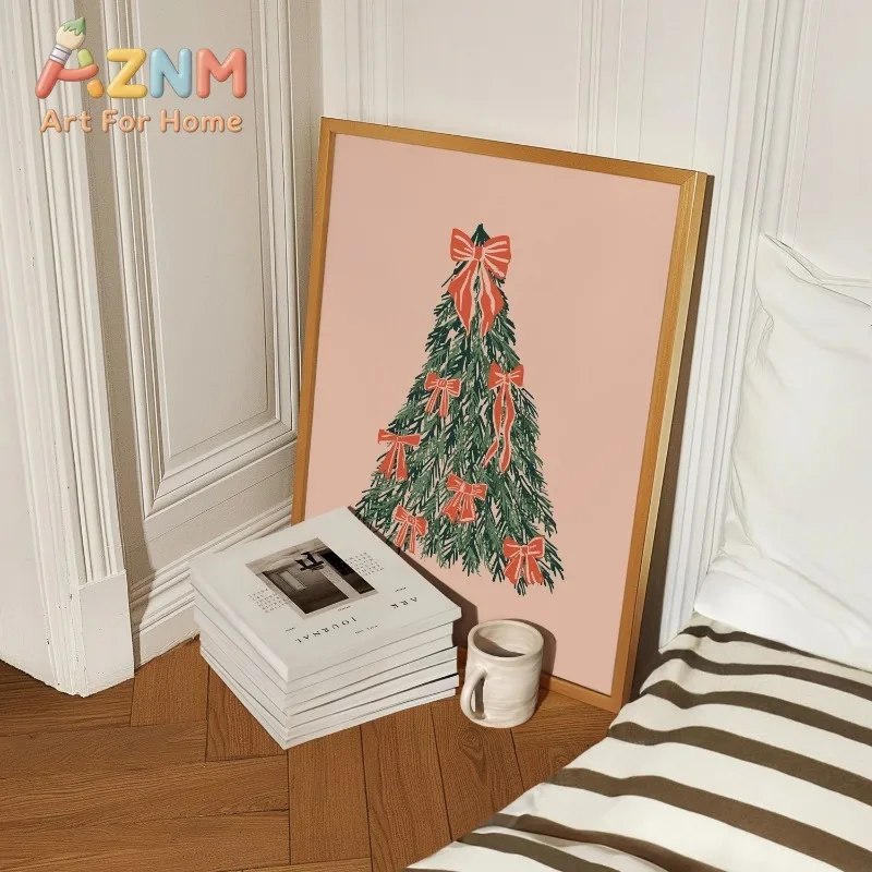 Modern Christmas Gallery Wall Prints Xmas Tree Gift Bauble Floral Festive Poster Unframed Canvas Wall Art for Holiday Home Decor