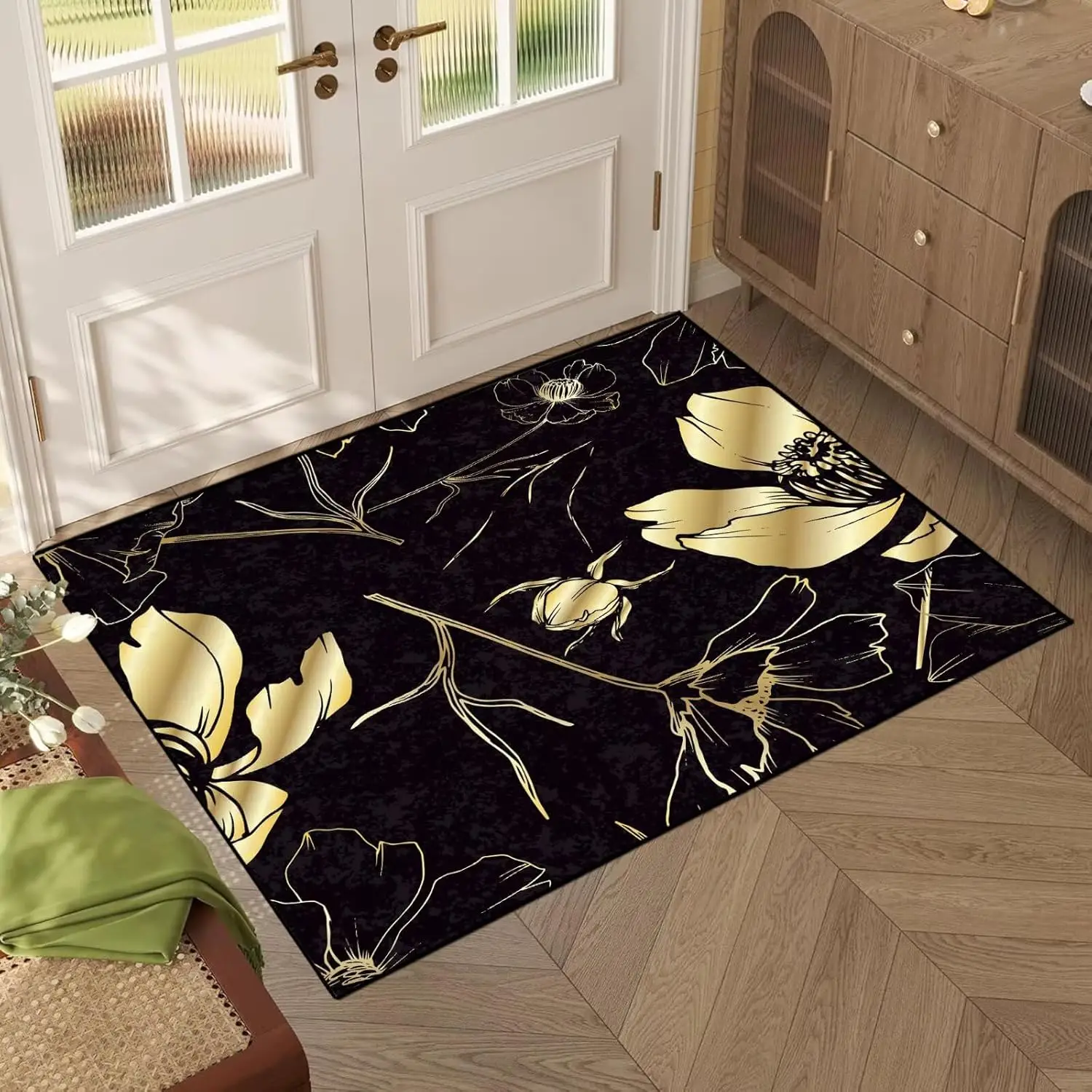 Flower Rug Gold Floral Area Rug Washable for Entryway Living Room Bedroom Dorm Luxury Texture Floor Mat Pad Doormat Carpet