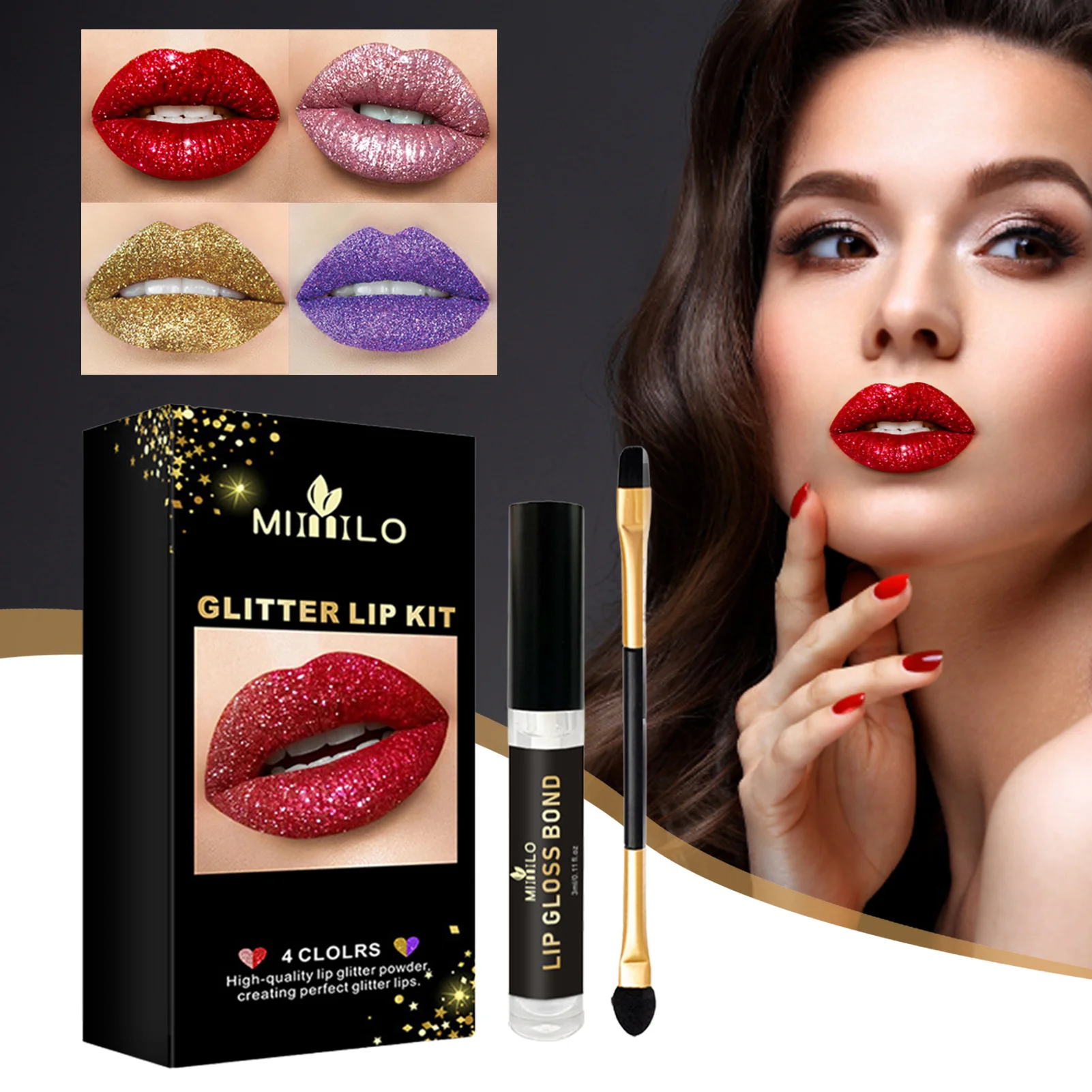 Glitter Lip Kit Long Lasting Waterproof Stay Golden Cosmetics Gloss Lipstick 4 Colors Glitter Powder Diamond Shimmer Metallic