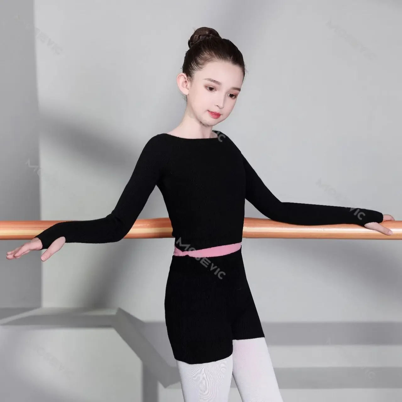 Fashion Girl Ballet Gymnastic Leotard Off Shoulder Long Sleeve Dance Sweater Top +Shorts+ Knee Pads Kids Clothing Wrap Ballet