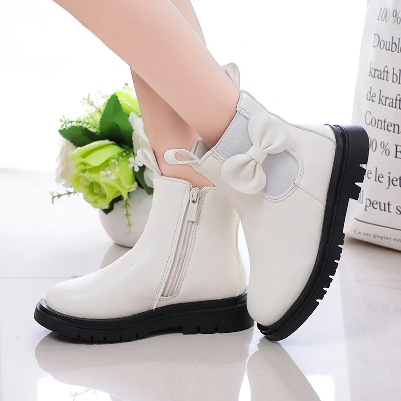 Autumn Winter 2020 New Children Leather Boots For Girls Fashion Bow Waterproof Boots Big Kids Shoes 3 4 5 6 7 8 9 10 11 12 Years