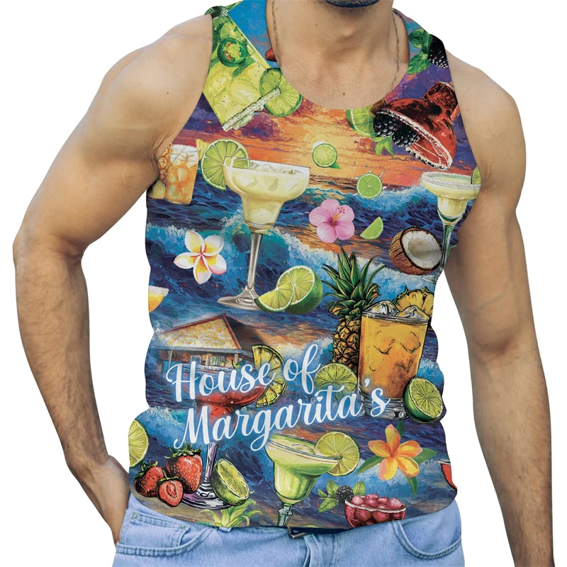 Margarita Cocktail Graphic Mens Tank Tops Summer Casual Sleeveless 3D Parrot Printed Undershirts Tank Loose Beach Vacation Vest