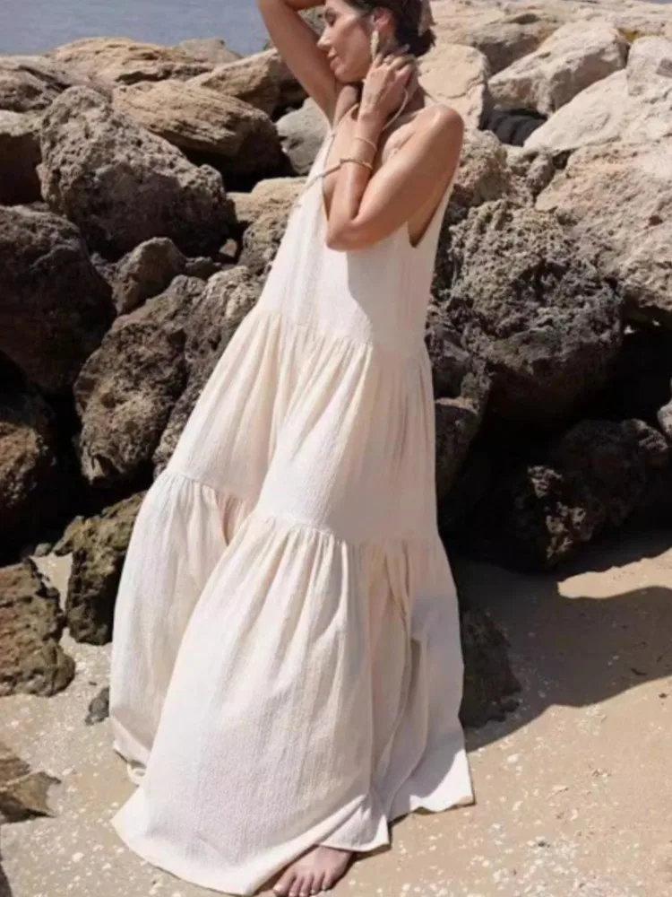 Summer Beach Loose Long Dress Solid Color Pleated Asymmetrical Dresses 2025 Women's Sleeveless Drapey Maxi Skirt Casual Elegant