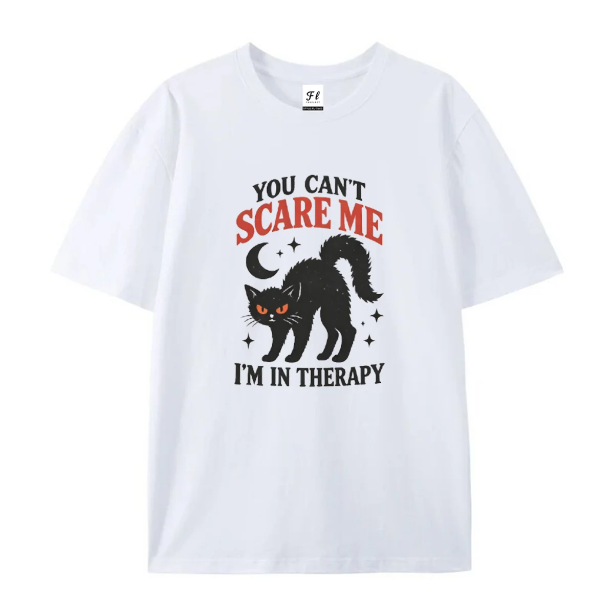 You Can't Scare Me I'm In Therapy Graphic T‑Shirt Retro Halloween Black Cat Funny Mental Health Tee Casual Short Sleeve Tops