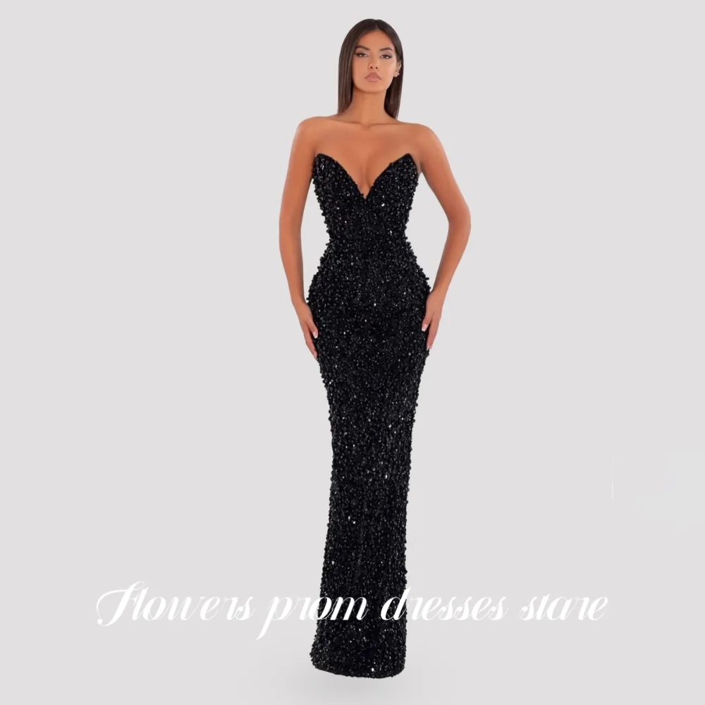 

Flowers Glitter Black Evening Dress Beadings Prom Dress Sweetheart Party Dress Mermaid Formal Dress for Arabic Women Customized