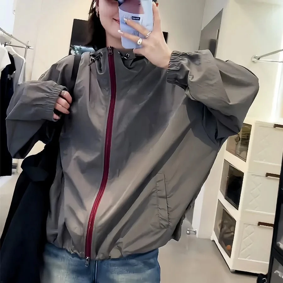 White Hooded Cargo Cropped Windbreaker Jackets Zipper Up Coat Women Outdoor Black Top Korean Coat 2026 New