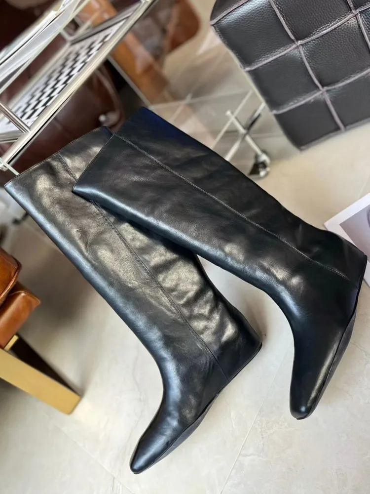 British Female Genuine Leather Square Toe Chunky Heel Ankle Boots Handmade Solid Color Cowhide Slip On Hard Wearing Footwear