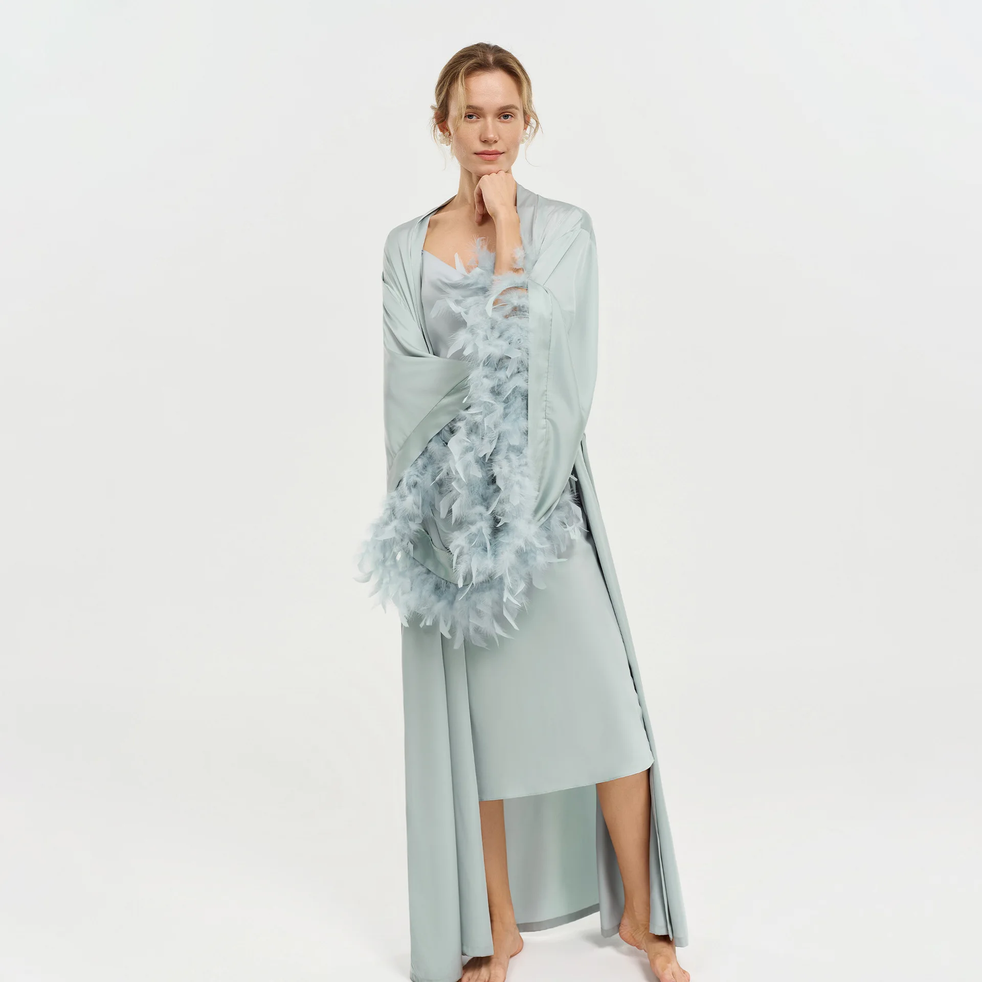 Purcoral Women Satin Long Robe Feather Cuff Open Front Maxi Bathrobe Belt Ladies Robe Nightwear (Robe Only, No Slip Dress)
