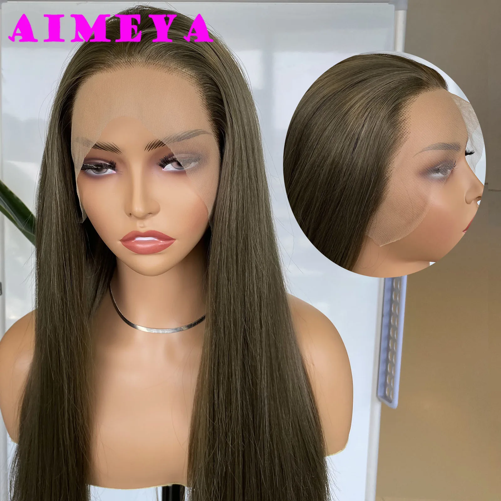 Greenish Brown Silky Straight Wig Synthetic Lace Front Wig Long Straight Natural Hairline Daily Use Cosplay Heat Resistant Fiber